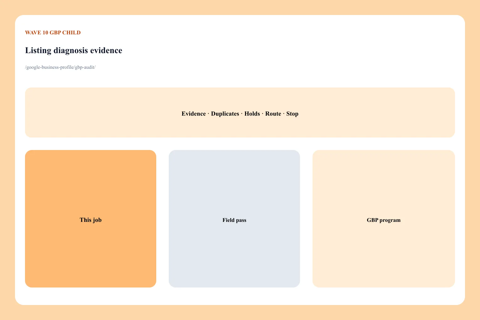 Evidence pack for duplicate listings, policy holds, and field defects named for another URL to fix — not a weekly posting calendar